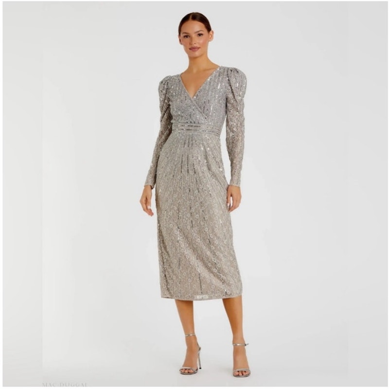 Nwt Mac Duggal 93676 Silver Beaded Lace Long Sleeve Midi Dress Size 8